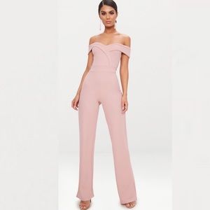 PLT Pretty Little Thing Pink Crepe Bardot Jumpsuit